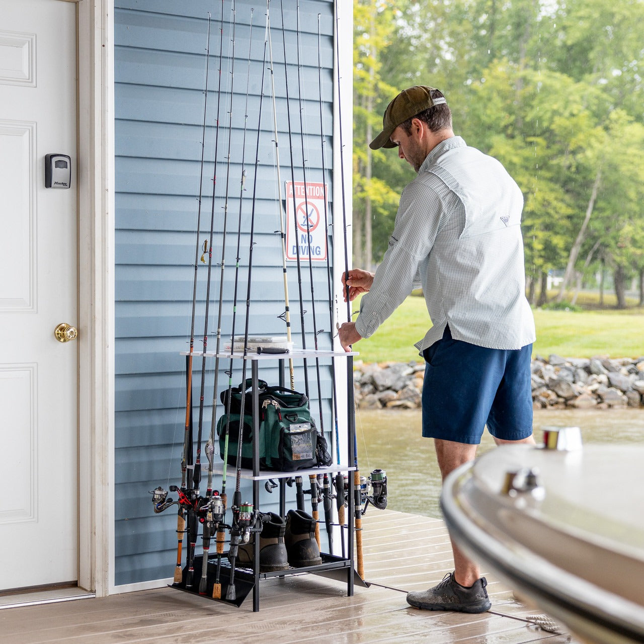 Fishing Rod Storage Rack WIPHANY Pvc,Rubber,Steel Fishing Rod Racks Wall Or Ceiling Fishing Rod/Pole Rack Holder Storage Hook Holds Up To 12 Fishing Rods Wall Mounted For Garage Cabin And Basement Fishing