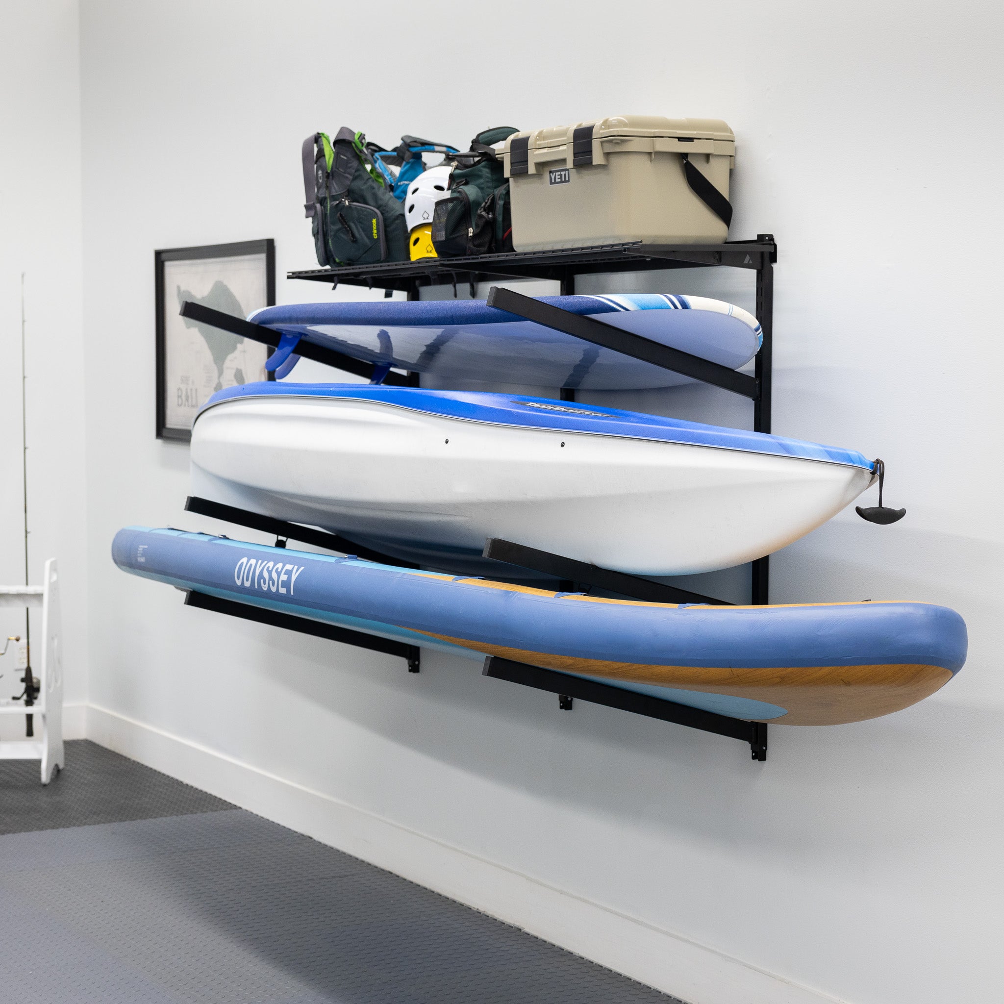 Kayak, SUP, Canoe or Paddle Board Wall Mounted Rack with Shelf