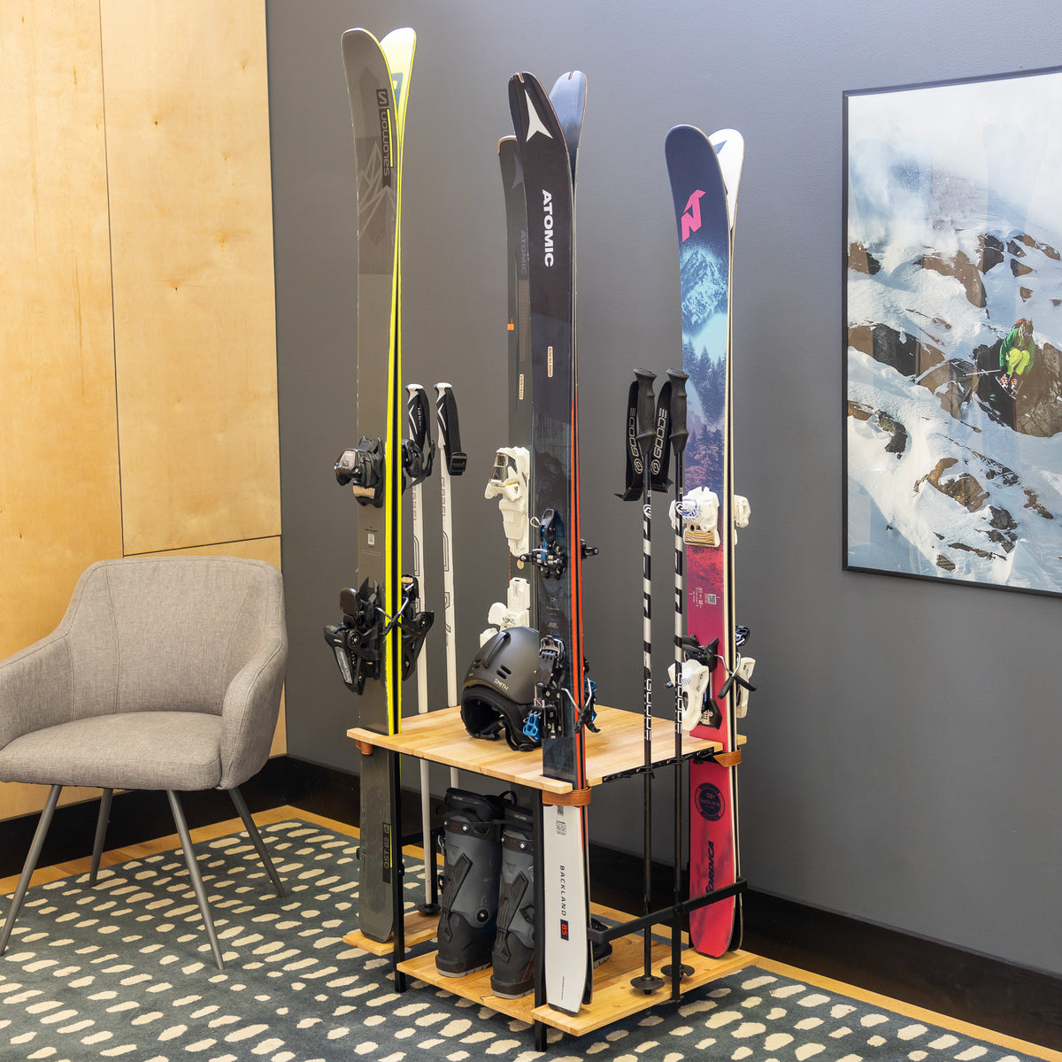 Sky Ski Rack Freestanding Ski Organizer with Shelves | Teal Triangle